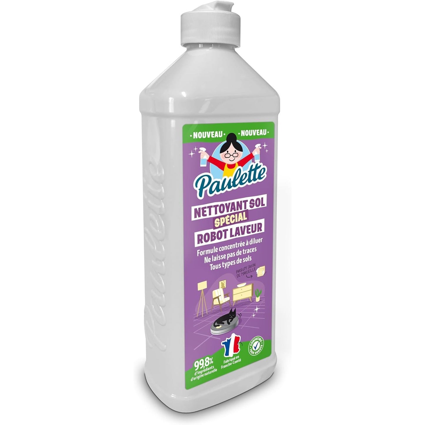 Paulette - Nettoyant Sol Spécial Robot Laveur - Parfums Citron - Certifié Ecocert - Fabriqué en France - 500 mL