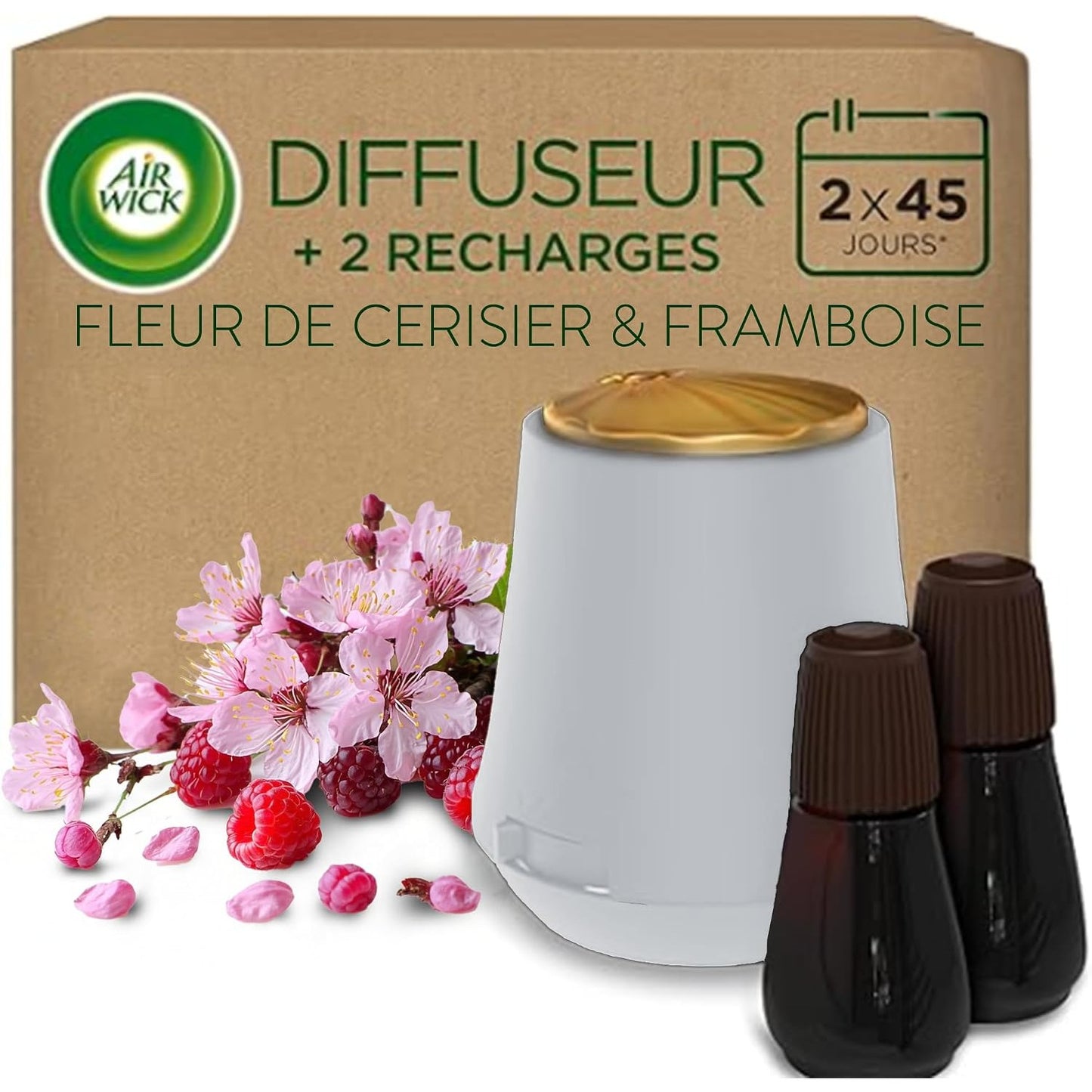 Air Wick Diffuseur d’huiles Essentielles Brume Parfumée + 2 Recharges 20ml Parfum Fleur de Cerisier et Framboise