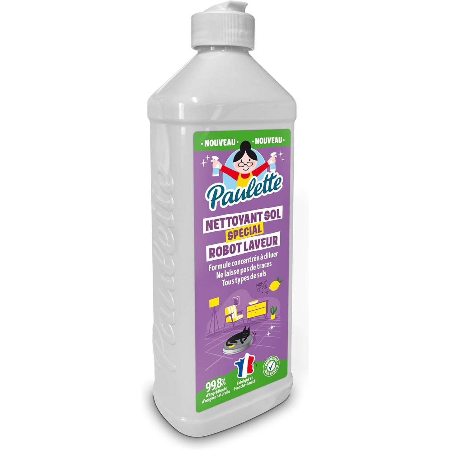 Paulette - Nettoyant Sol Spécial Robot Laveur - Parfums Citron - Certifié Ecocert - Fabriqué en France - 500 mL