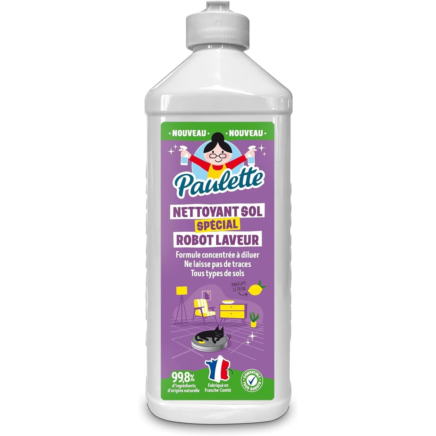 Paulette - Nettoyant Sol Spécial Robot Laveur - Parfums Citron - Certifié Ecocert - Fabriqué en France - 500 mL