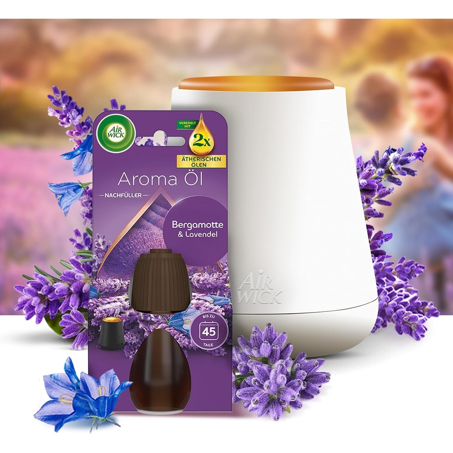 Air Wick Diffuseur d’huiles Essentielles Brume Parfumée+ 2 Recharges 20 ml Parfum Lavande et Eucalyptus