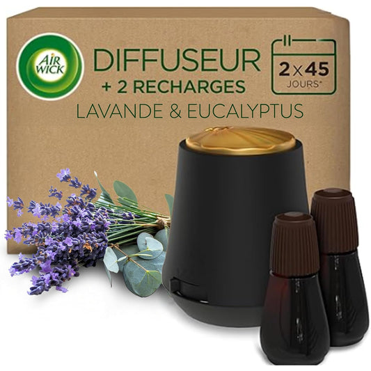 Air Wick Diffuseur d’huiles Essentielles Brume Parfumée+ 2 Recharges 20 ml Parfum Lavande et Eucalyptus
