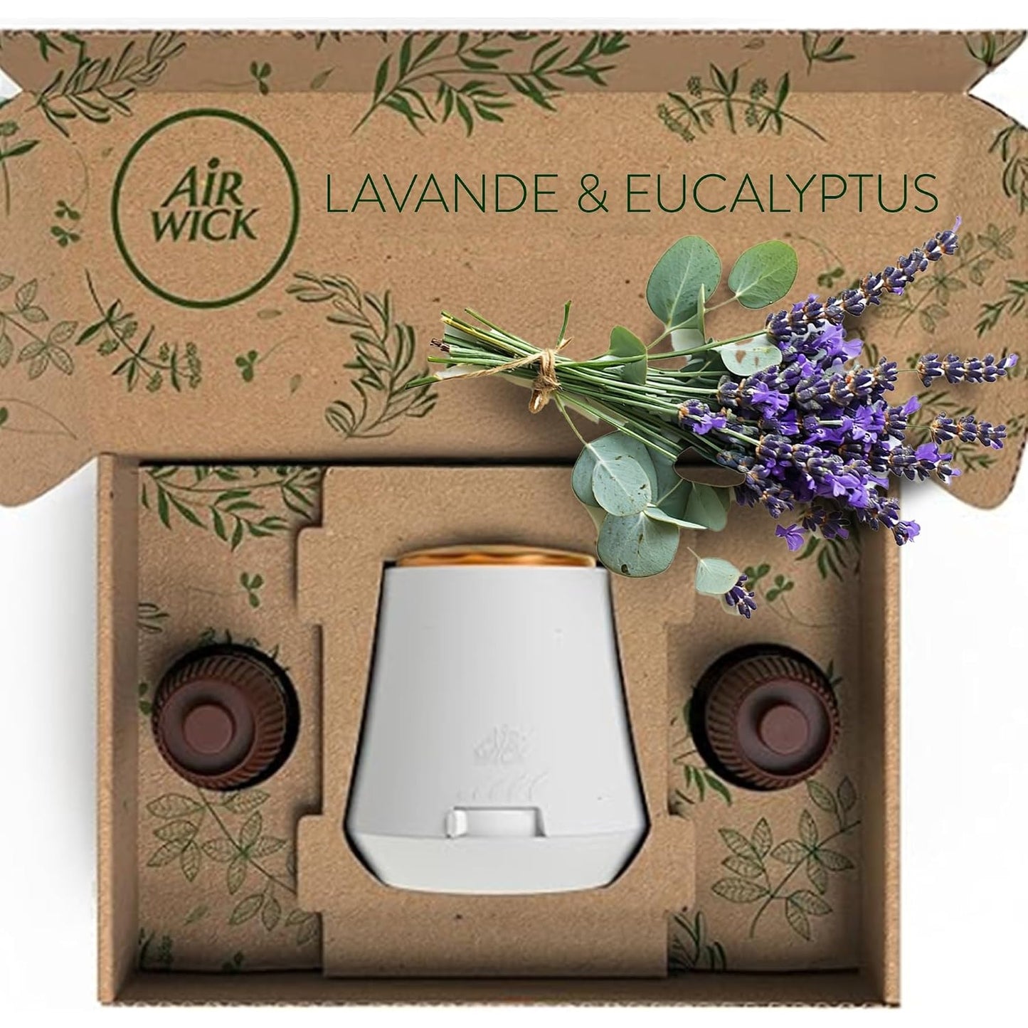 Air Wick Diffuseur d’huiles Essentielles Brume Parfumée+ 2 Recharges 20 ml Parfum Lavande et Eucalyptus