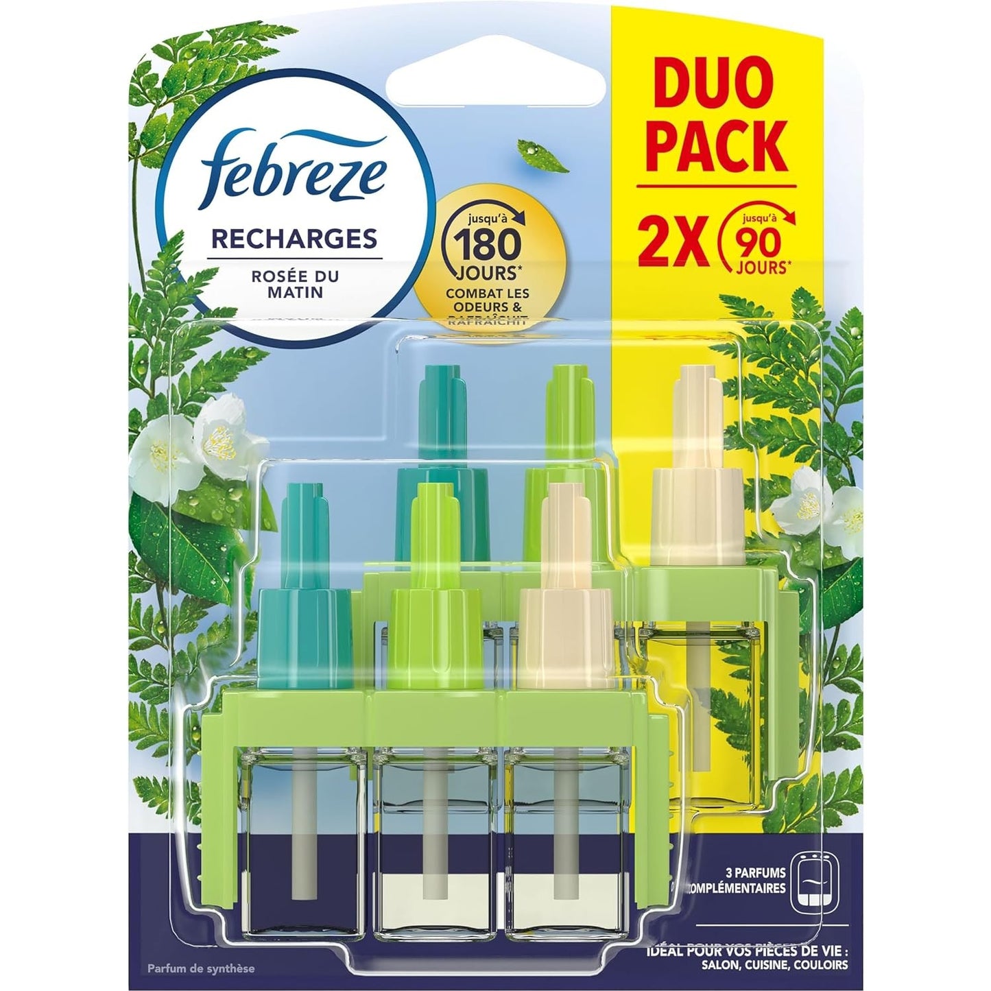 Febreze Recharges pour Diffuseur Électrique, Parfum Rosée Du Matin, 2 recharges de 20ml, 3 Parfums en Alternance, Combat les Odeurs et Rafraîchit Jusqu'à 90 Jours