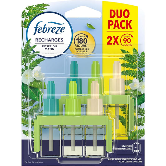 Febreze Recharges pour Diffuseur Électrique, Parfum Rosée Du Matin, 2 recharges de 20ml, 3 Parfums en Alternance, Combat les Odeurs et Rafraîchit Jusqu'à 90 Jours