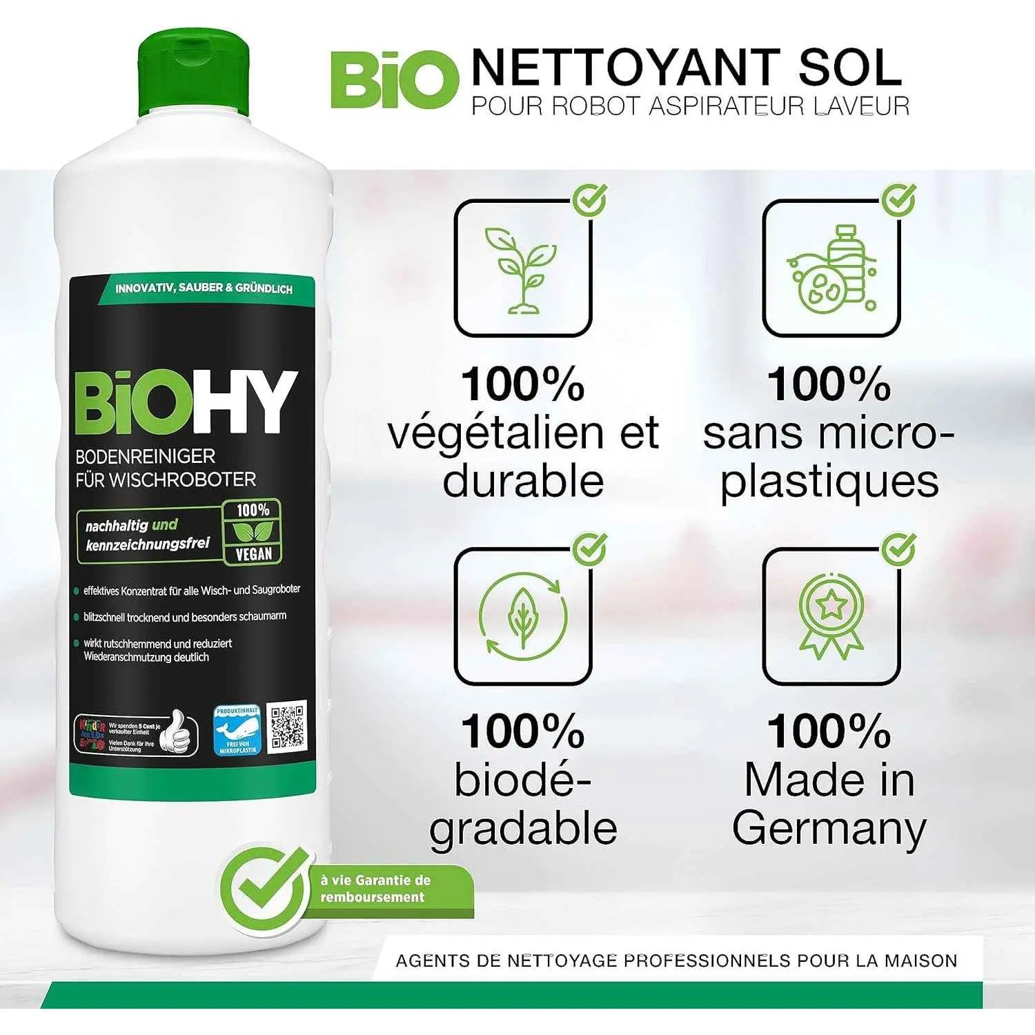 BiOHY Nettoyant de sol pour robot aspirateur laveur 1L | concentré pour tous les robots d'essuyage et d'aspiration à fonction humide | durable & écologique (Wischroboter) - Cpourtoi.Net