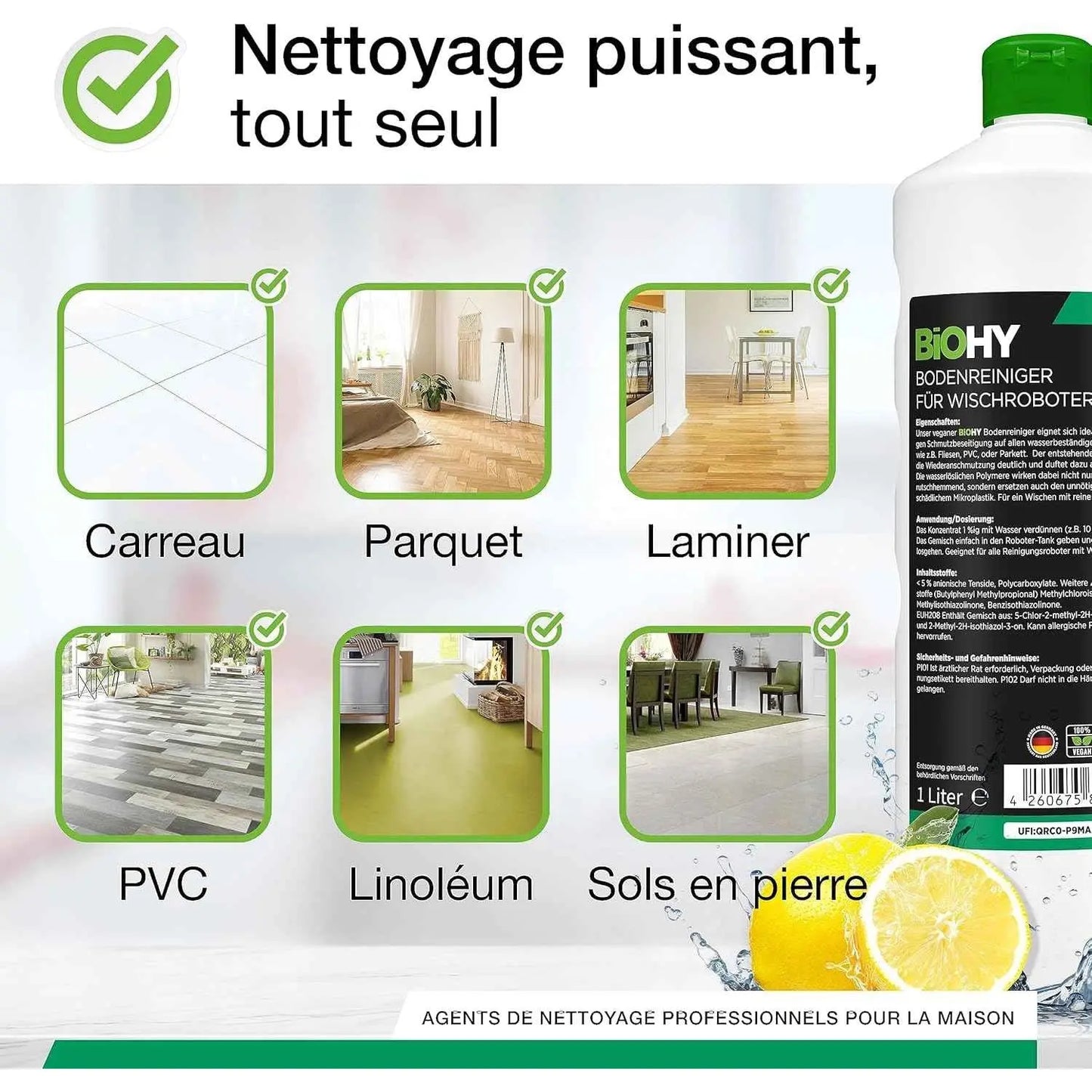 BiOHY Nettoyant de sol pour robot aspirateur laveur 1L | concentré pour tous les robots d'essuyage et d'aspiration à fonction humide | durable & écologique (Wischroboter) - Cpourtoi.Net