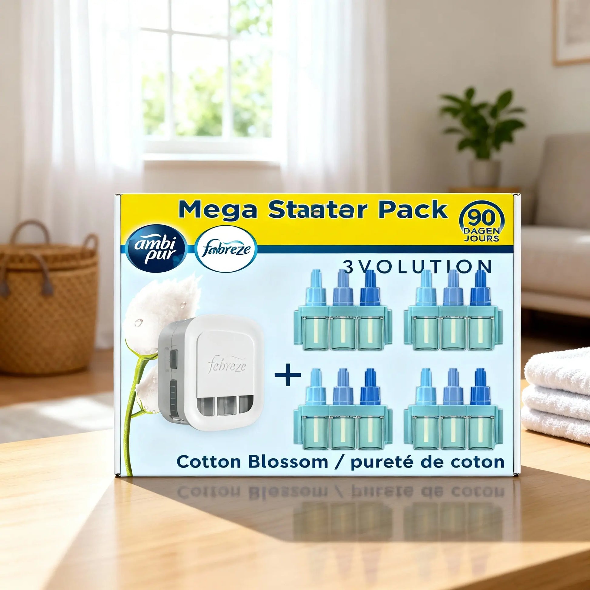 Febreze 3Volution Purité Coton Fleur De Coton Blossom Mega Starter Pack 90 Jours Fraîcheur Durable