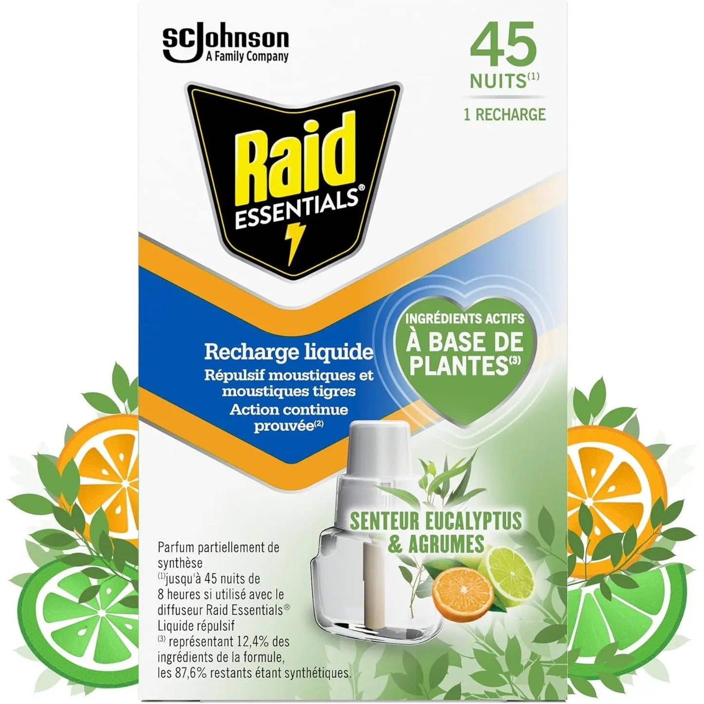 Raid Essentials Recharge Diffuseur Électrique Liquide - Répulsif Moustiques et Moustiques Tigres 45 Nuits - Senteur Eucalyptus et Agrumes - 1 Recharge